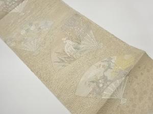 リサイクル　未使用品　姫野織物製　 紗 扇に花々・白鷺模様織出し袋帯(未仕立て)